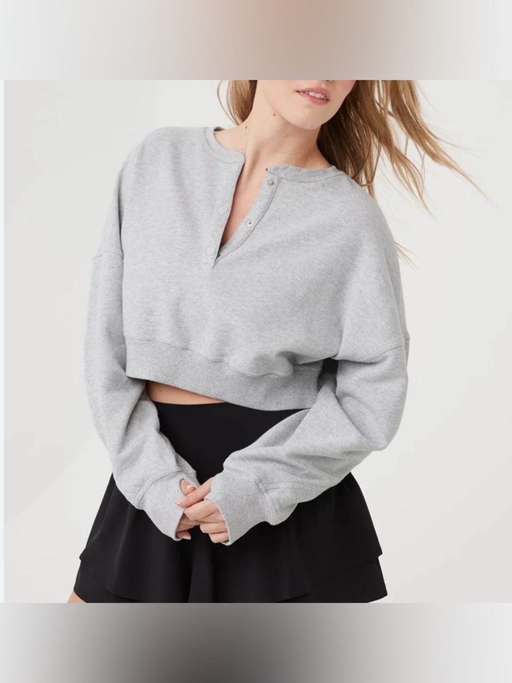 Aerie Offline Throwback Snap Fleece Cropped Cotton Crewneck in Gray Size XL